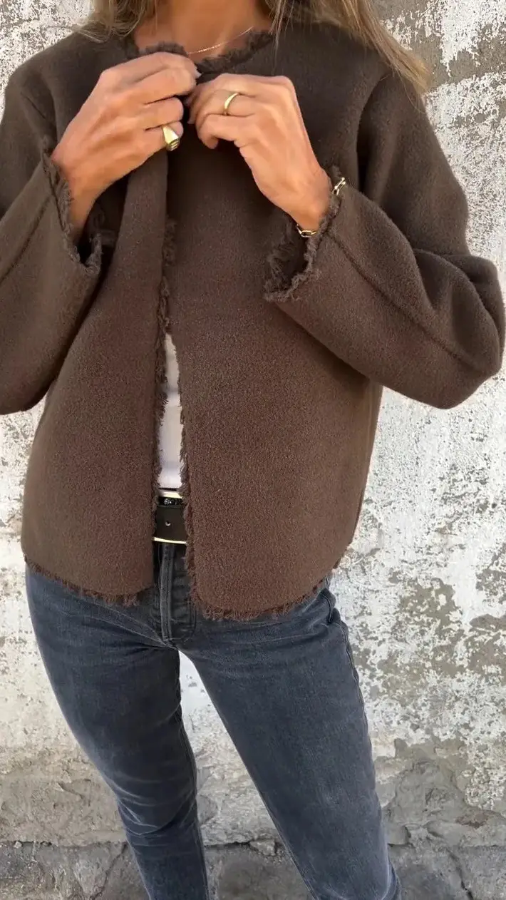 Women Woolen Crewneck Jacket Beige Long Sleeve - Image 2