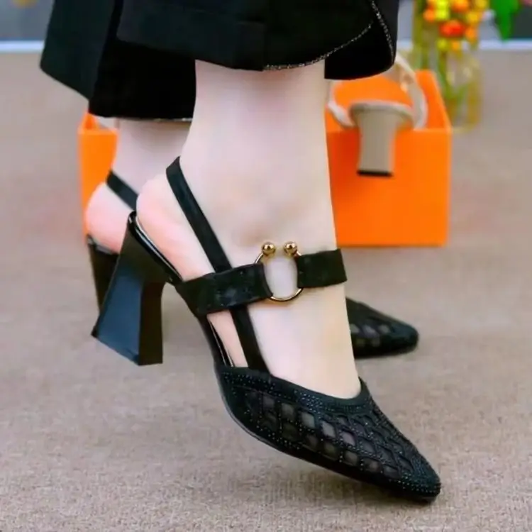 Women's Mesh Breathable High-Heeled Sandals Baotou 2025 New Summer Medium-Heeled Thick-Heeled Pointed-Toe Buckle Flats — feature 1