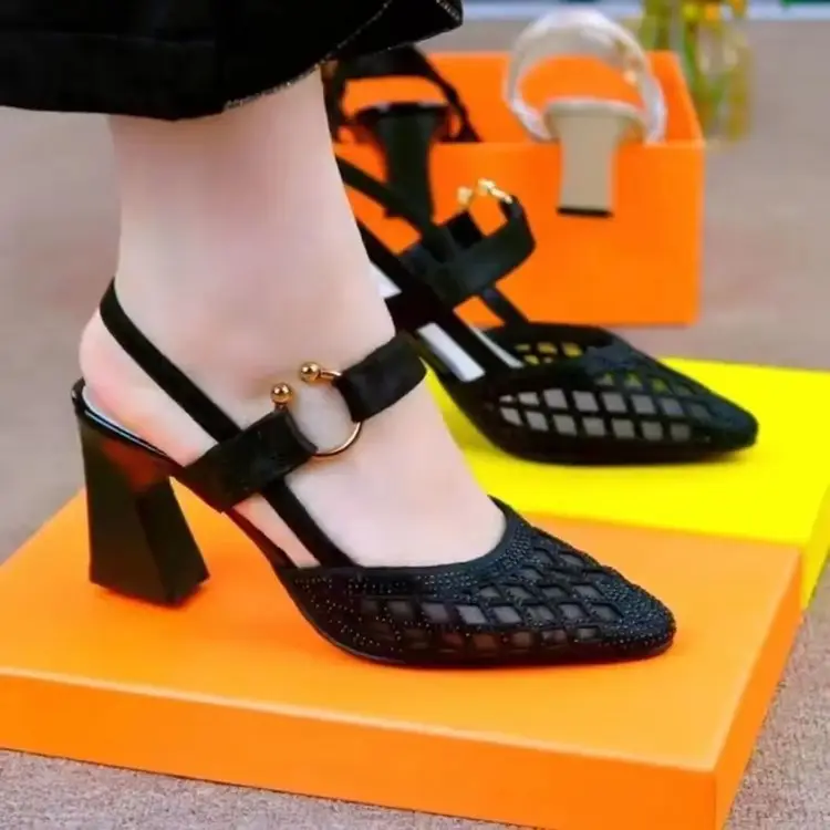 Women's Mesh Breathable High-Heeled Sandals Baotou 2025 New Summer Medium-Heeled Thick-Heeled Pointed-Toe Buckle Flats — feature 2