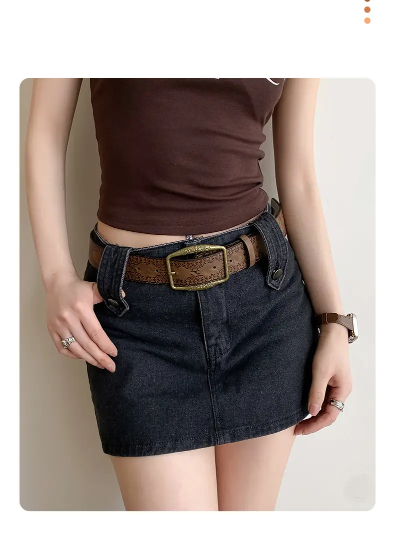 Women Retro Copper Buckle Belt with Skirt 2025 — feature 5