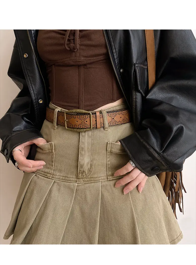 Women Retro Copper Buckle Belt with Skirt 2025 — feature 6