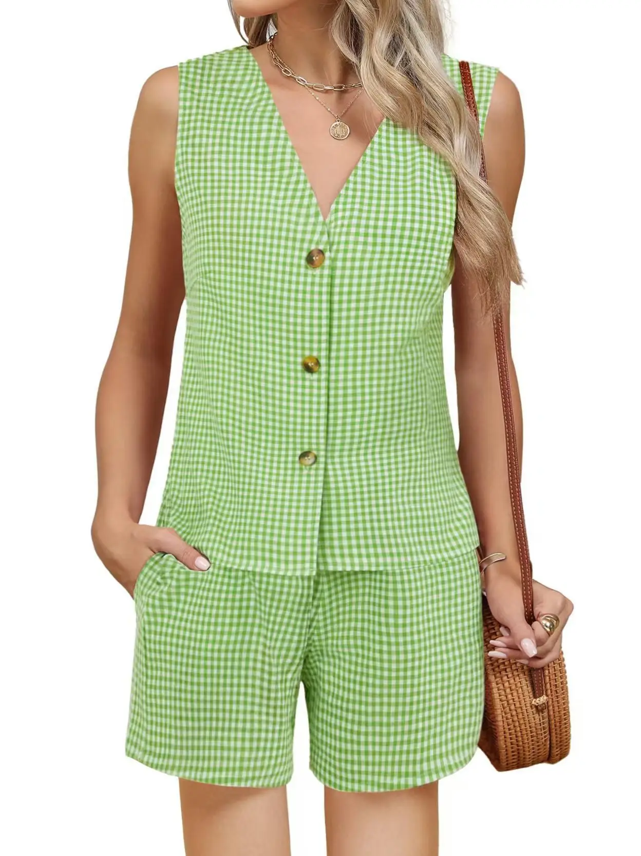 2025 Pink Checkered Sleeveless Suit Vest Top Pocket Shorts - Image 8