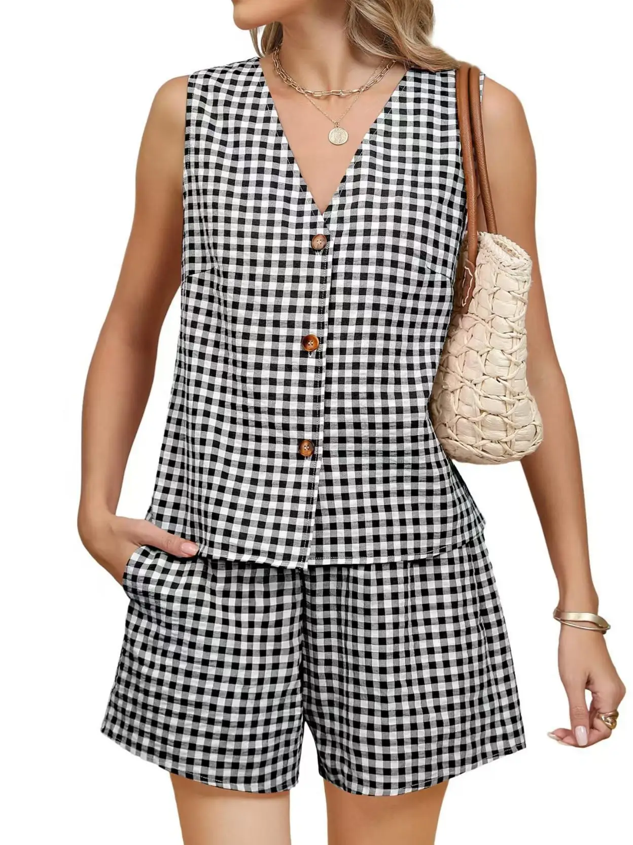 2025 Pink Checkered Sleeveless Suit Vest Top Pocket Shorts - Image 10