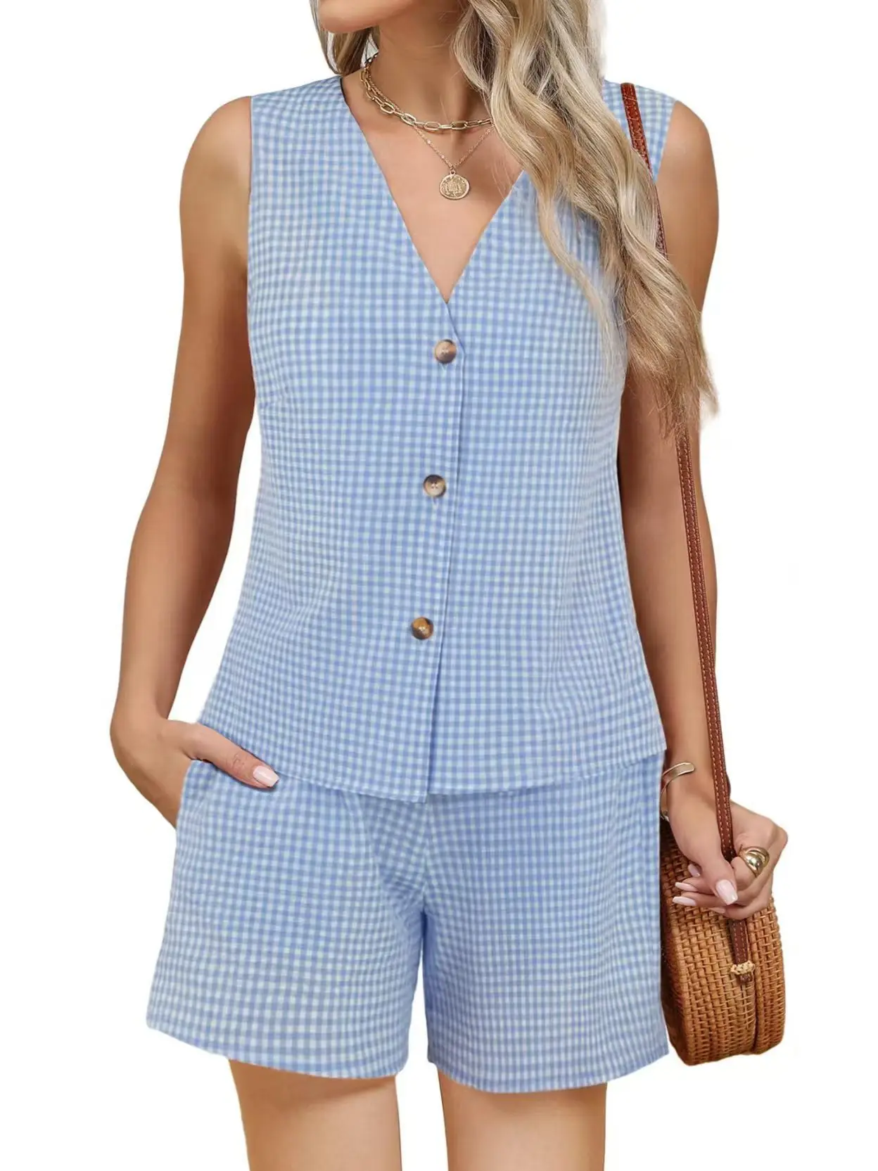 2025 Pink Checkered Sleeveless Suit Vest Top Pocket Shorts - Image 11