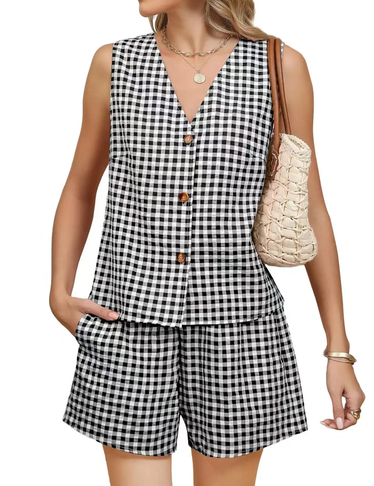 2025 Pink Checkered Sleeveless Suit Vest Top Pocket Shorts — feature 4
