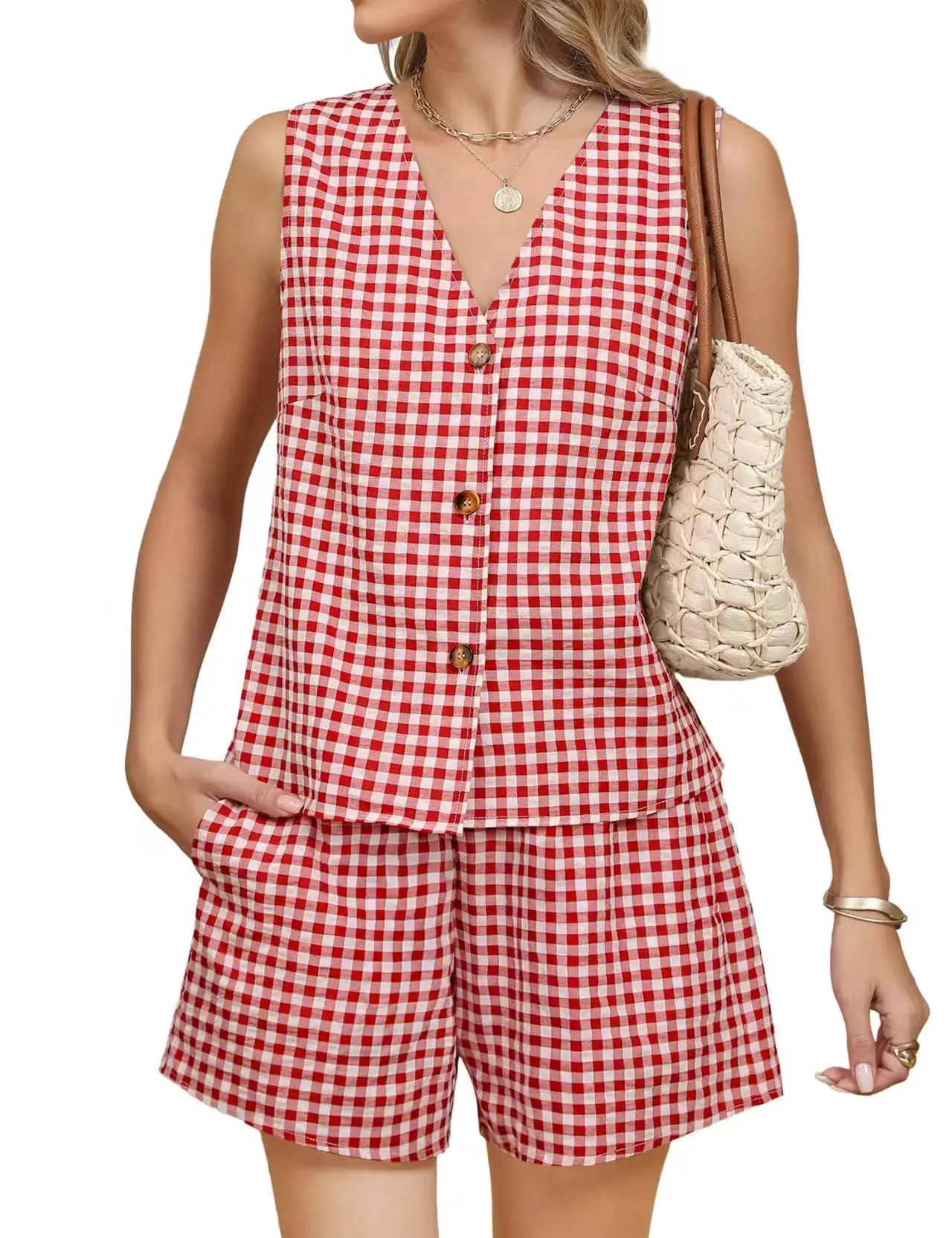 2025 Pink Checkered Sleeveless Suit Vest Top Pocket Shorts — feature 6