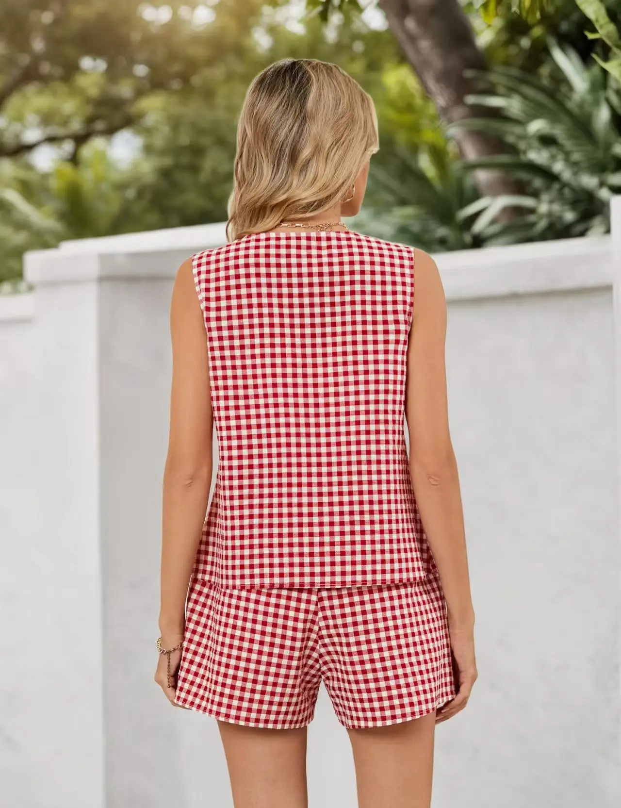 2025 Pink Checkered Sleeveless Suit Vest Top Pocket Shorts — feature 7