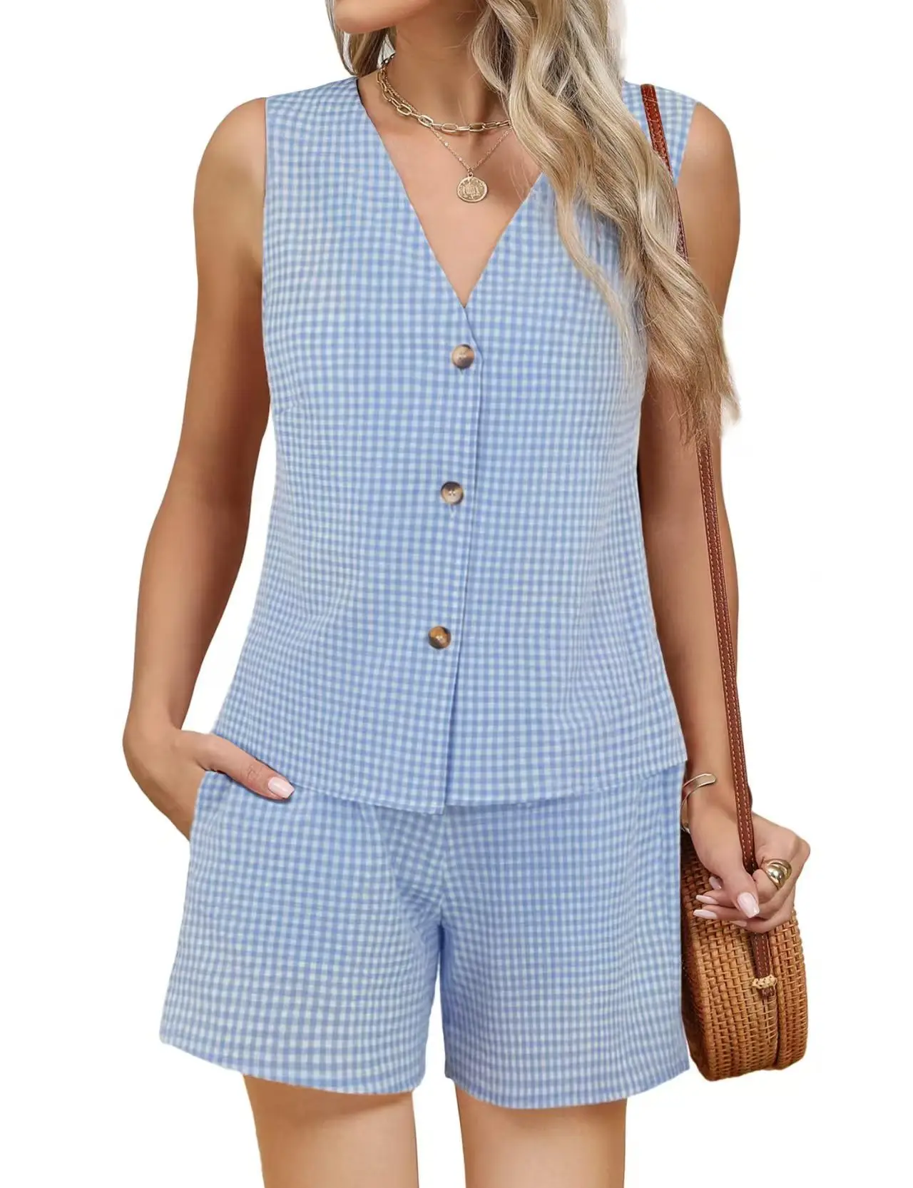 2025 Pink Checkered Sleeveless Suit Vest Top Pocket Shorts — feature 9