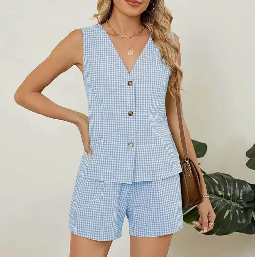 2025 Pink Checkered Sleeveless Suit Vest Top Pocket Shorts - Image 2