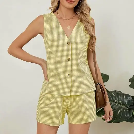 2025 Pink Checkered Sleeveless Suit Vest Top Pocket Shorts - Image 5