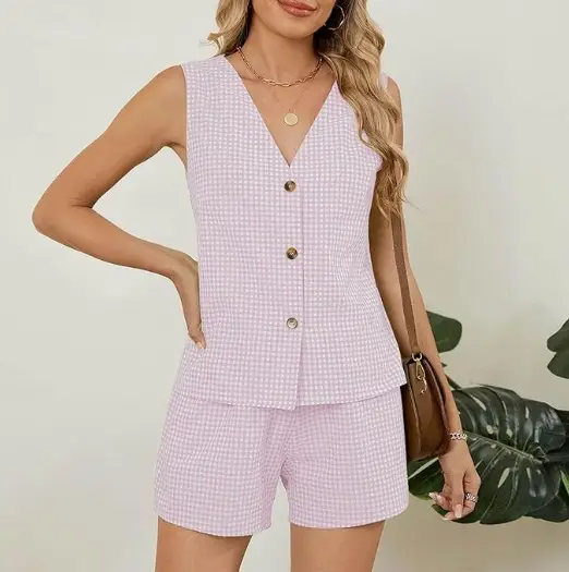 2025 Pink Checkered Sleeveless Suit Vest Top Pocket Shorts - Image 6