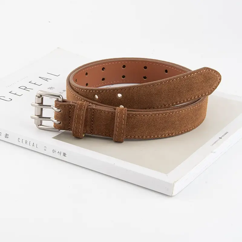 Frosted Suede Women's Belt Double Row Holes Brown - Image 14