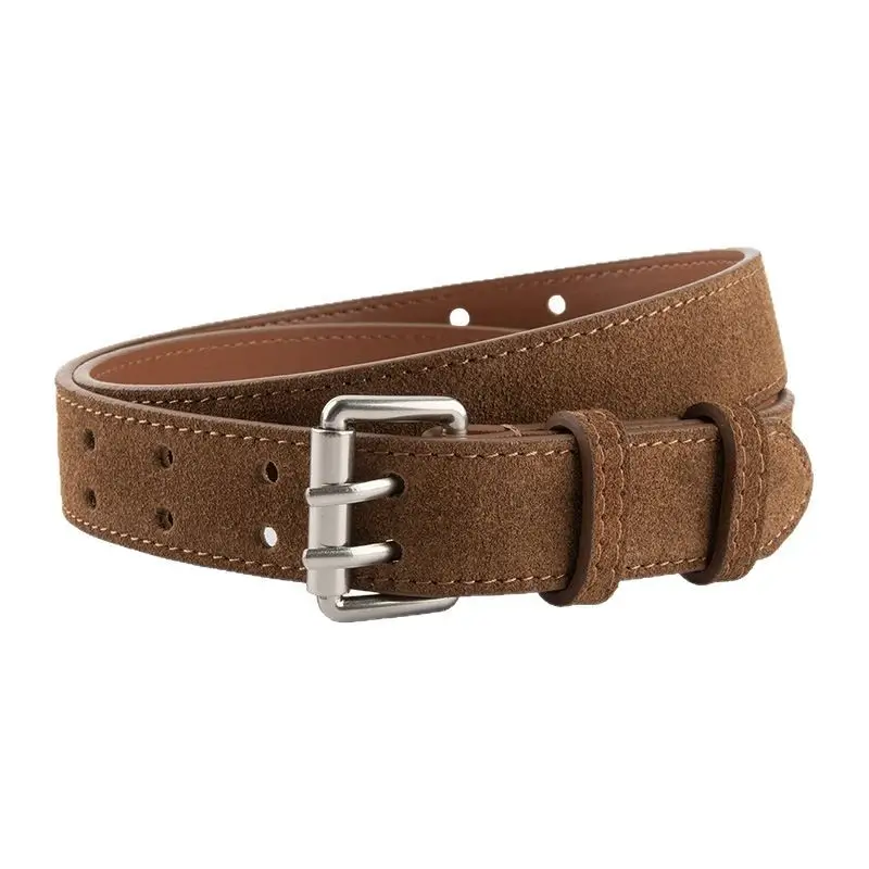 Frosted Suede Women's Belt Double Row Holes Brown - Image 16