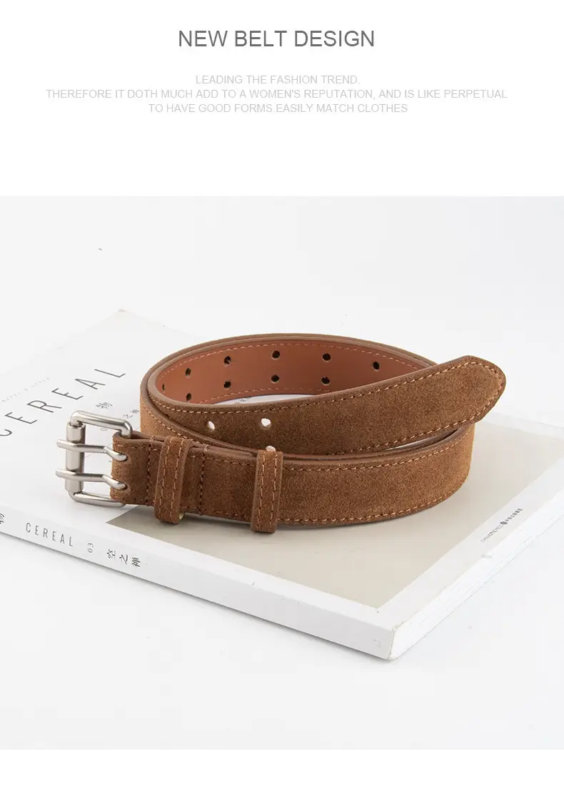 Frosted Suede Women's Belt Double Row Holes Brown — feature 10