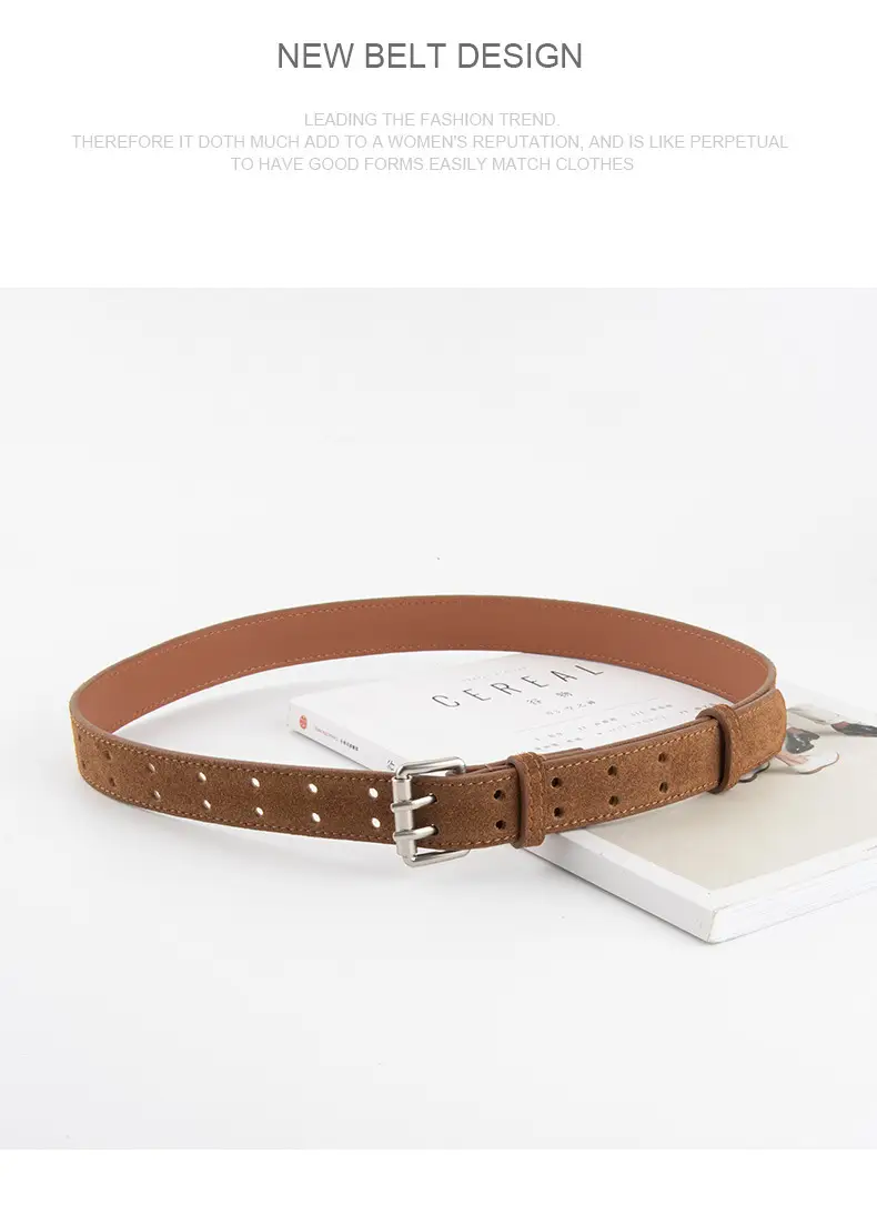 Frosted Suede Women's Belt Double Row Holes Brown — feature 11