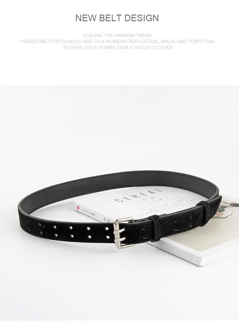 Frosted Suede Women's Belt Double Row Holes Brown — feature 12