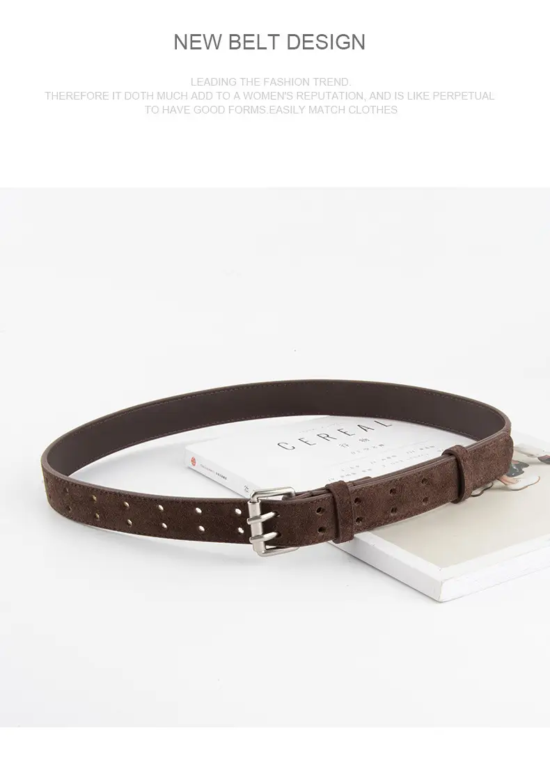 Frosted Suede Women's Belt Double Row Holes Brown — feature 13
