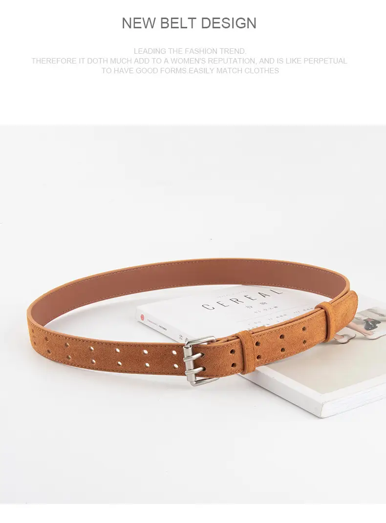 Frosted Suede Women's Belt Double Row Holes Brown — feature 14
