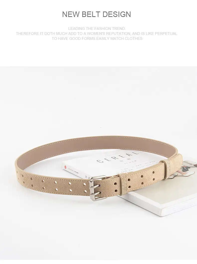 Frosted Suede Women's Belt Double Row Holes Brown — feature 15
