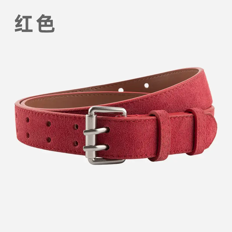Frosted Suede Women's Belt Double Row Holes Brown - Image 2