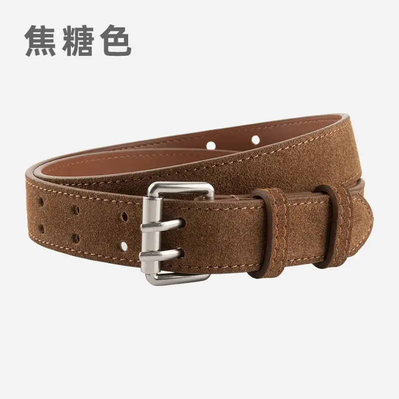 Frosted Suede Women's Belt Double Row Holes Brown - Image 3