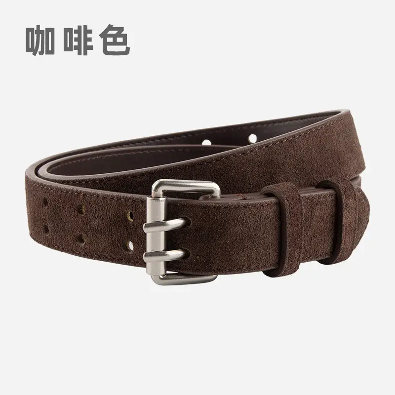 Frosted Suede Women's Belt Double Row Holes Brown - Image 4
