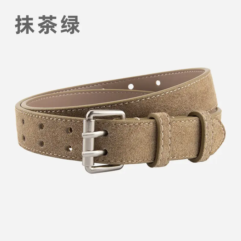 Frosted Suede Women's Belt Double Row Holes Brown - Image 6