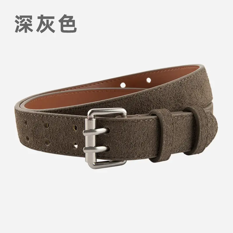 Frosted Suede Women's Belt Double Row Holes Brown - Image 7