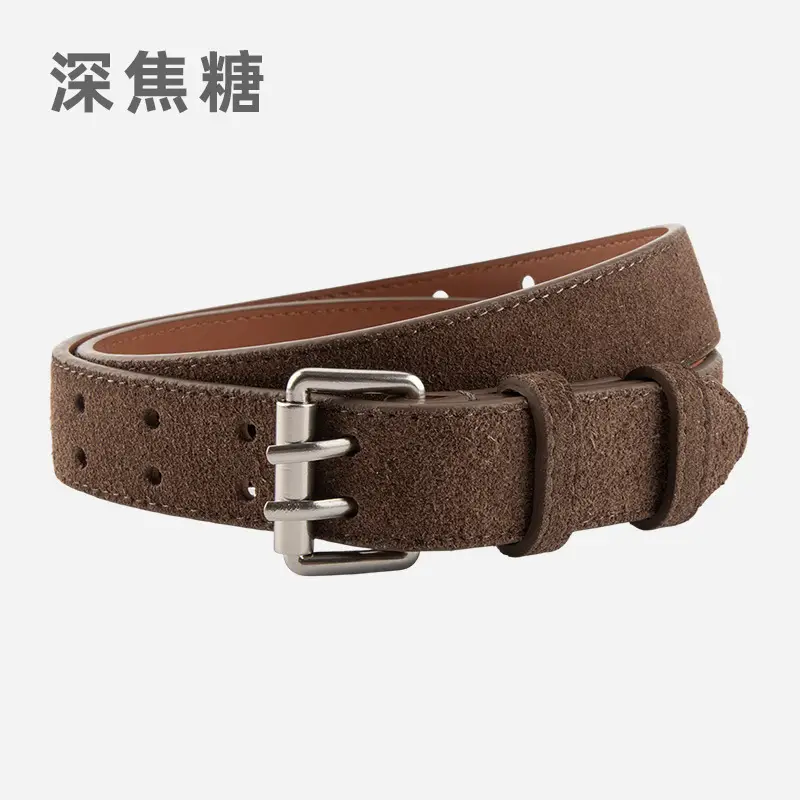 Frosted Suede Women's Belt Double Row Holes Brown - Image 8