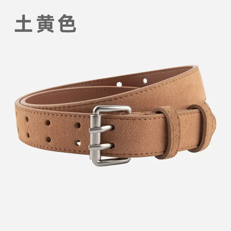 Frosted Suede Women's Belt Double Row Holes Brown - Image 9