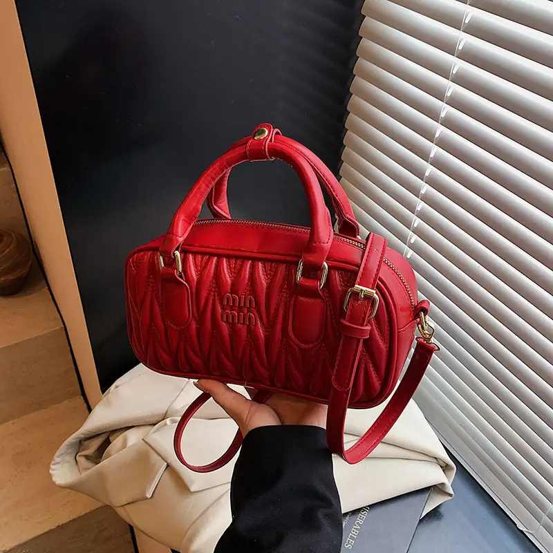 Red Pleated Handbag Women's Boston Bag Shoulder Crossbody