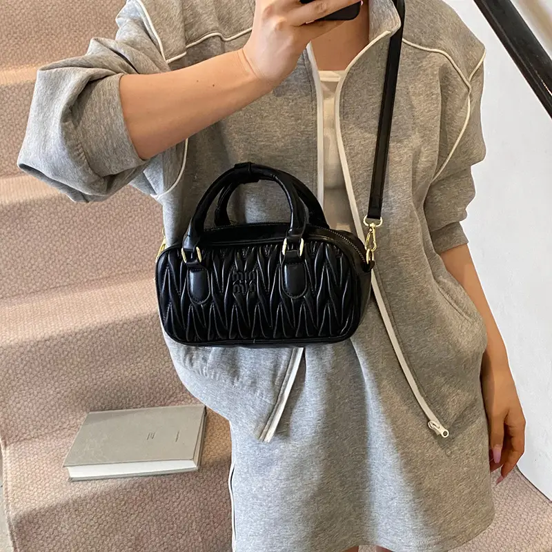 Red Pleated Handbag Women's Boston Bag Shoulder Crossbody