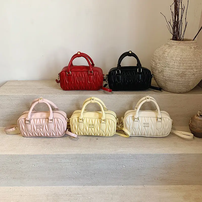 Red Pleated Handbag Women's Boston Bag Shoulder Crossbody