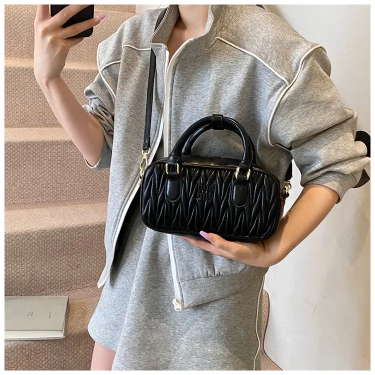 Red Pleated Handbag Women's Boston Bag Shoulder Crossbody — feature 30