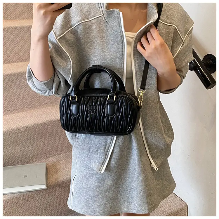 Red Pleated Handbag Women's Boston Bag Shoulder Crossbody — feature 31