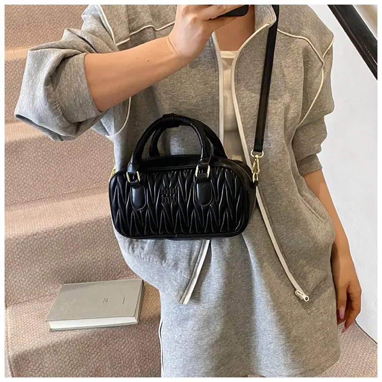 Red Pleated Handbag Women's Boston Bag Shoulder Crossbody — feature 32