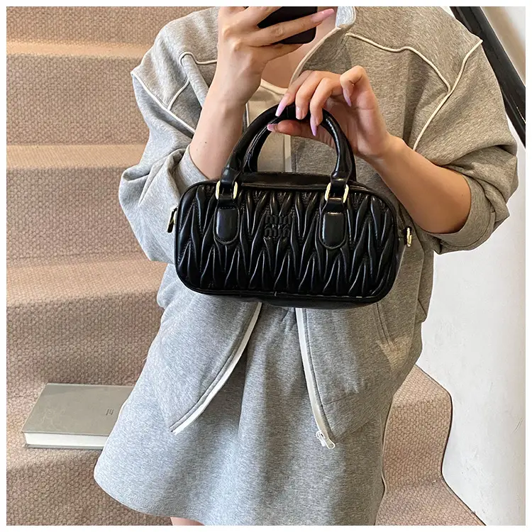 Red Pleated Handbag Women's Boston Bag Shoulder Crossbody — feature 33