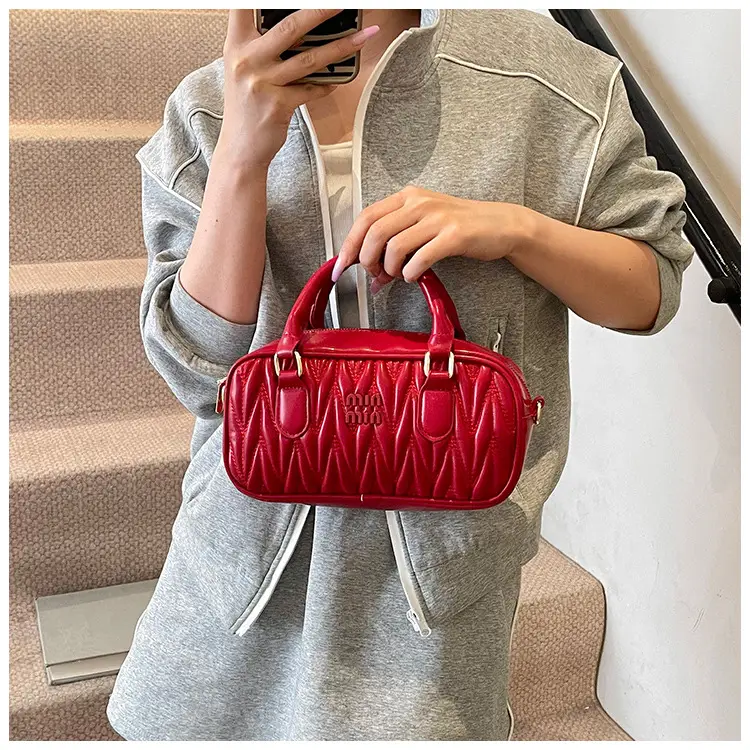 Red Pleated Handbag Women's Boston Bag Shoulder Crossbody — feature 35
