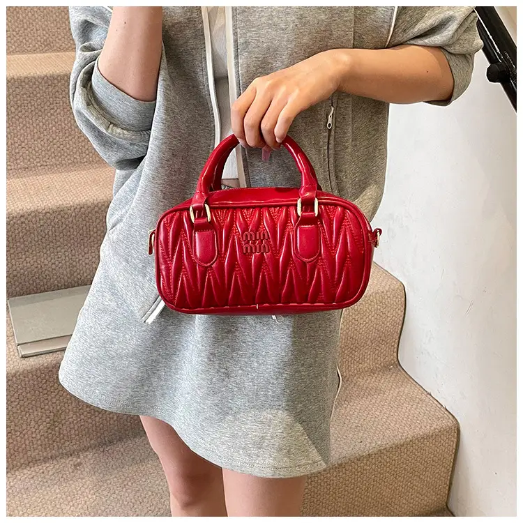 Red Pleated Handbag Women's Boston Bag Shoulder Crossbody — feature 37