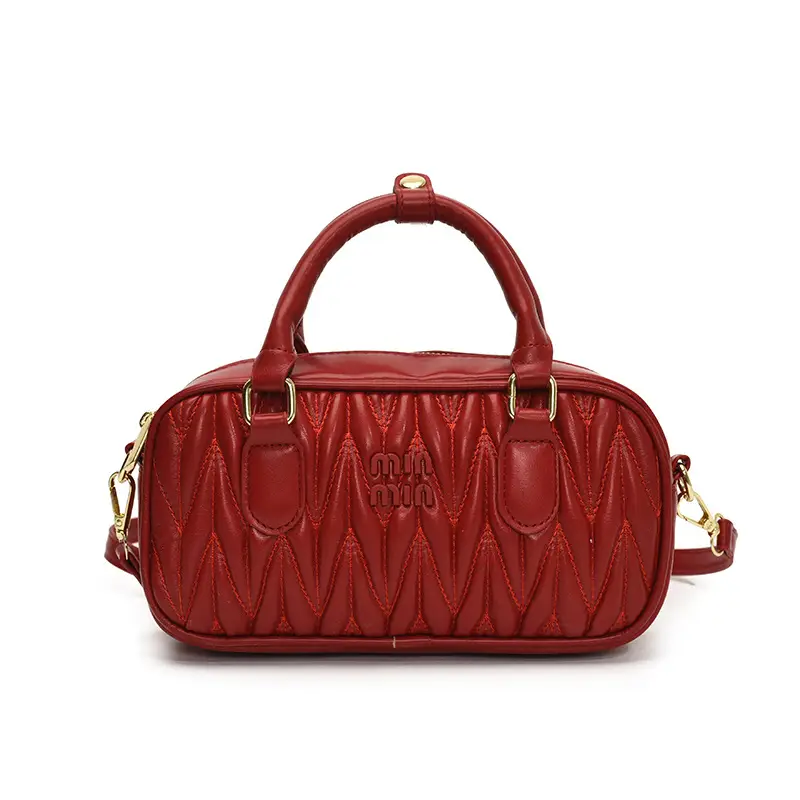 Red Pleated Handbag Women's Boston Bag Shoulder Crossbody