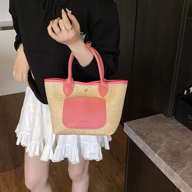 Korean Style Pink Straw Bucket Bag 2025 - Image 7