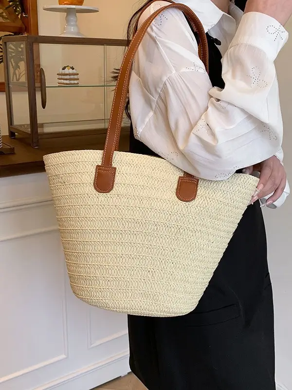 Large Straw Woven Bucket Bag for Beach Vacation & Travel - Image 3