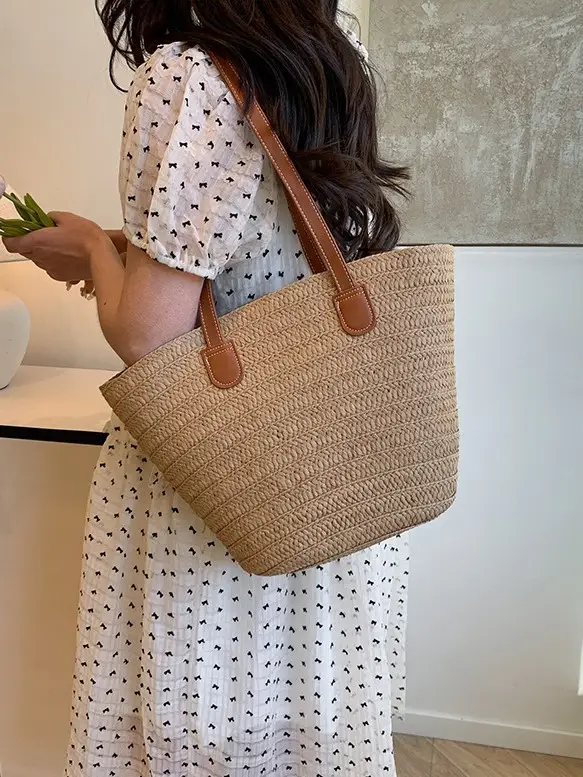 Large Straw Woven Bucket Bag for Beach Vacation & Travel - Image 4