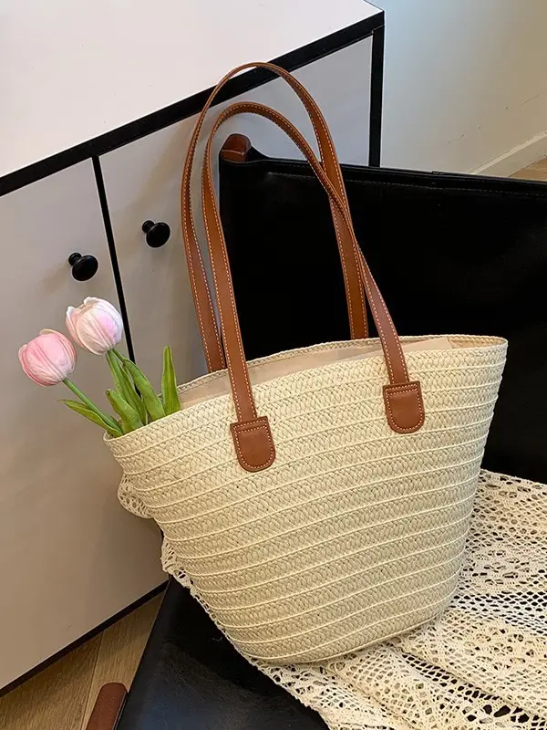 Large Straw Woven Bucket Bag for Beach Vacation & Travel - Image 5