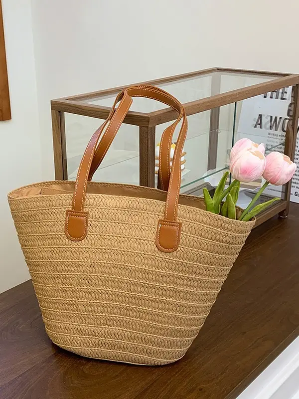 Large Straw Woven Bucket Bag for Beach Vacation & Travel - Image 6