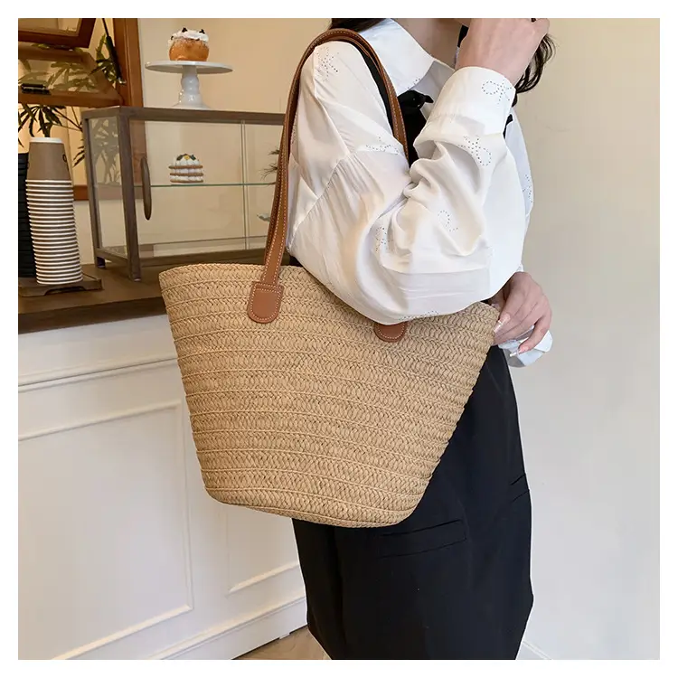 Large Straw Woven Bucket Bag for Beach Vacation & Travel — feature 12
