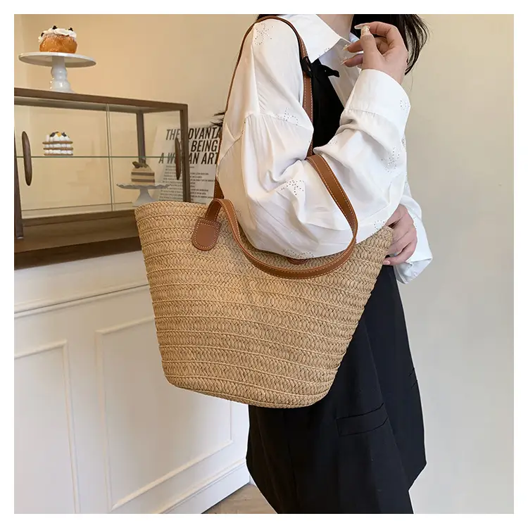 Large Straw Woven Bucket Bag for Beach Vacation & Travel — feature 13