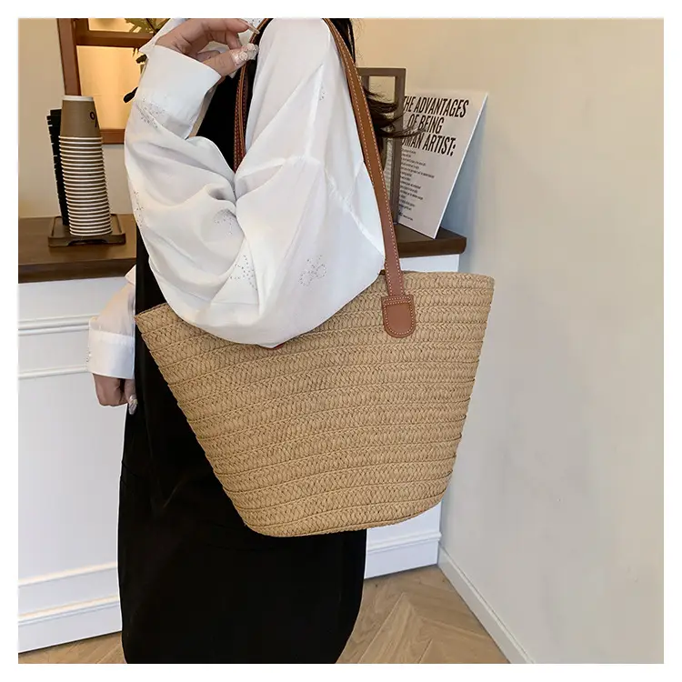 Large Straw Woven Bucket Bag for Beach Vacation & Travel — feature 14