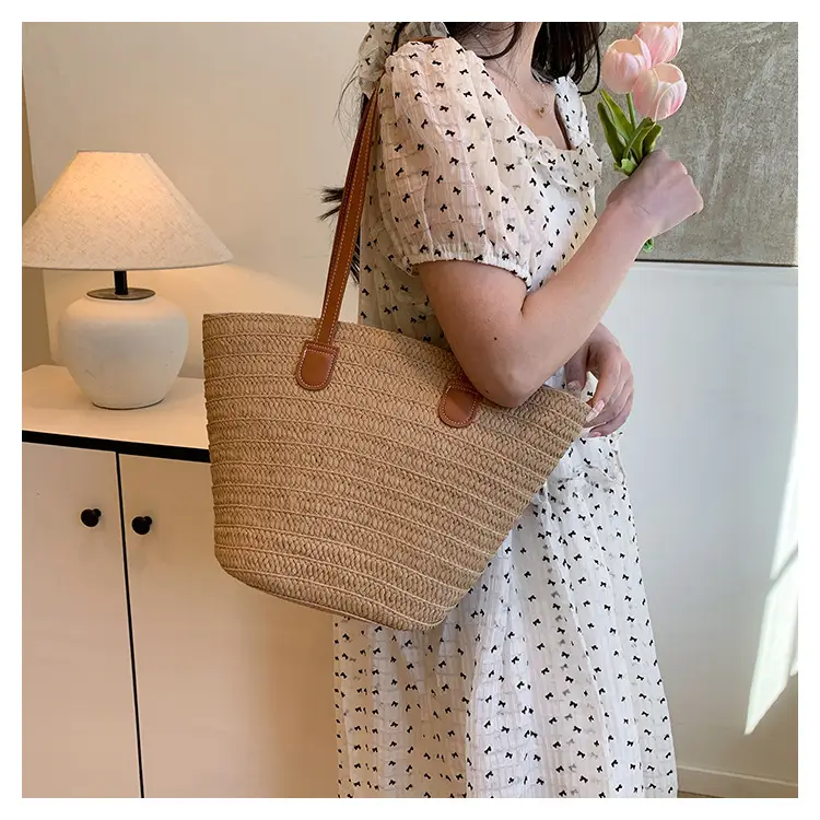 Large Straw Woven Bucket Bag for Beach Vacation & Travel — feature 16