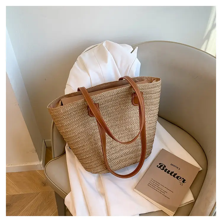 Large Straw Woven Bucket Bag for Beach Vacation & Travel — feature 18
